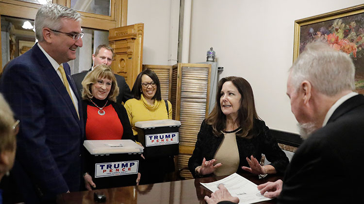 Second lady Karen Pence speaks with Indiana Gov. Eric Holcomb at the Statehouse after delivering paperwork to Brad King, right, putting President Donald Trump's name on the Indiana primary ballot, Wednesday, Feb. 5, 2020, in Indianapolis.  - AP Photo/Darron Cummings