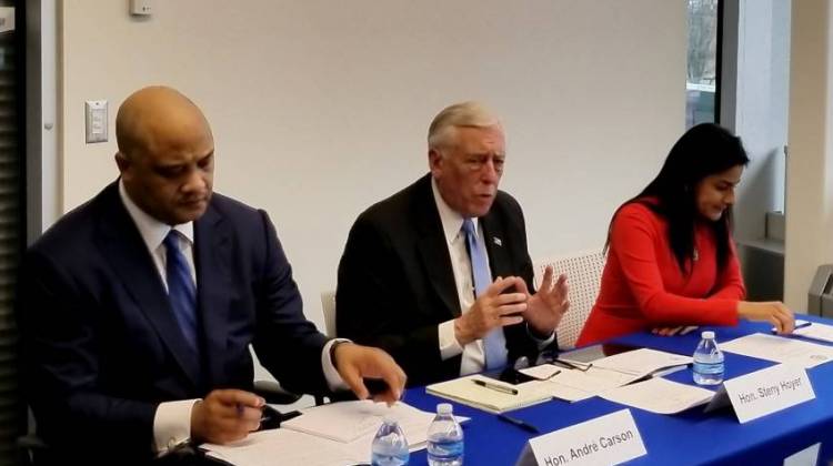 Reps. Andre Carson (D-Ind.), Steny Hoyer (D-Md.) and Rep. Nanette BarragÃ¡n (D-Calif.) stop in Indianapolis on their "Make It In America Tour." - Samantha Horton/IPB News