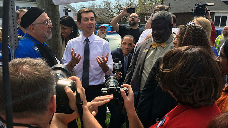 Pete Buttigieg addresses a crowd before as he officially changes Ford Street to Dyngus Day Drive outside the West Side Democratic and Civic Club in South Bend on Monday, April 22, 2019. - Jennifer Weingart / WVPE