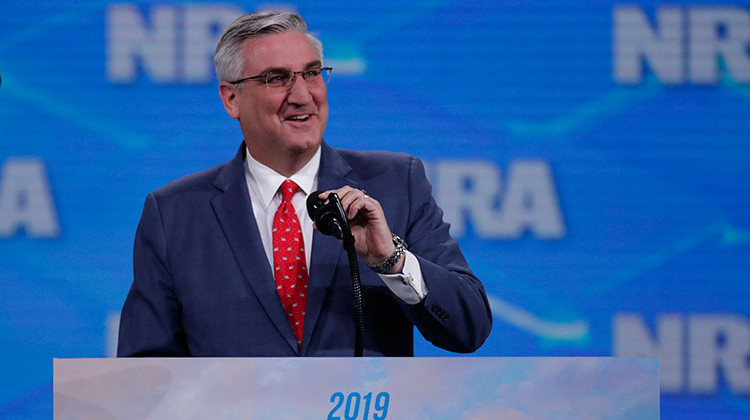Indiana Gov. Eric Holcomb speaks at the National Rifle Association Institute for Legislative Action Leadership Forum in Lucas Oil Stadium in Indianapolis, Friday, April 26, 2019. - AP Photo/Michael Conroy