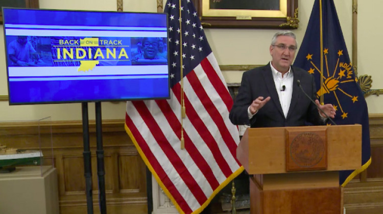 Gov. Eric Holcomb explains the state's plan to gradually relax COVID-19 restrictions during a press briefing Friday, May 1, 2020. - Screenshot of video livestream