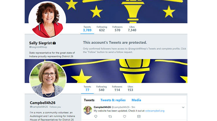Screenshots of Indiana House District 26 candidates' twitter accounts: Sally Siegrist (R) and Chris Campbell (D).