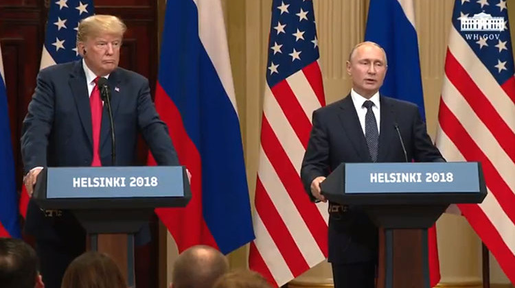 President Donald Trump and Russian President Vladimir Putin in a joint press conference Monday, July 16. - White House live stream on Twitter