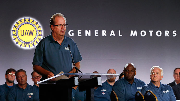 FILE - In this July 16, 2019, file photo United Auto Workers President Gary Jones speaks during the opening of their contract talks with General Motors in Detroit. More than 96% of United Auto Workers union members have voted to authorize strikes against Detroit's three automakers. The union said Tuesday, Sept. 3, that the vote means leadership is authorized to call strikes against General Motors, Ford and Fiat Chrysler. But it doesn't mean there will be a work stoppage.  - AP Photo/Paul Sancya, File