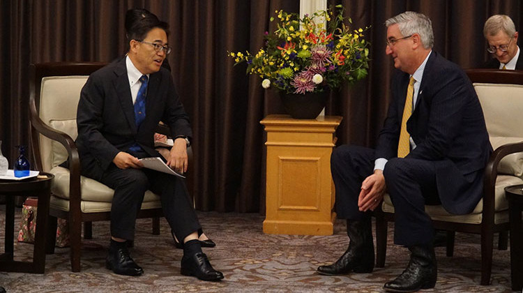 Indiana Gov. Eric Holcomb and Aichi Gov. Hideaki Ohmura met to commemorate the memorandum of friendship and cooperation the two governors signed in 2017.   - Provided by Indiana Economic Development Corp.