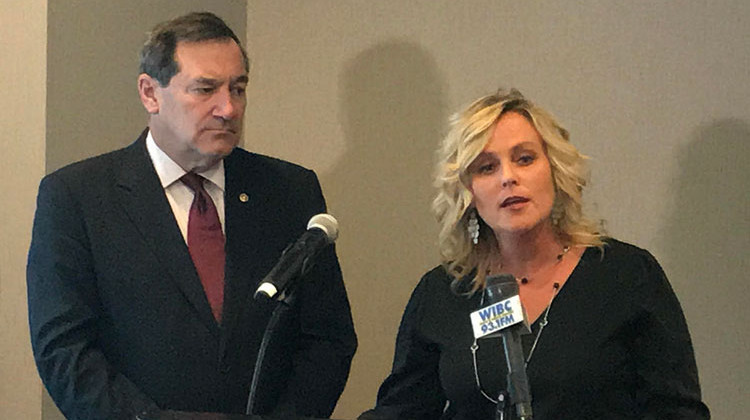 Sen. Joe Donnelly (D-Ind.) and State Supt. Jennifer McCormick discuss school safety issues at a conference in Indianapolis.  - Brandon Smith/IPB News