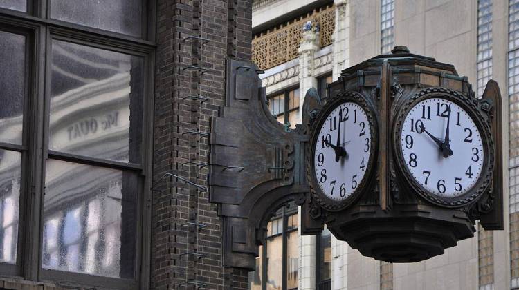 The Ayres Clock sits nearly 29 feet above the southwest corner of the intersection of Washington and Meridian streets in downtown Indianapolis. - Indiana Landmarks Foundation