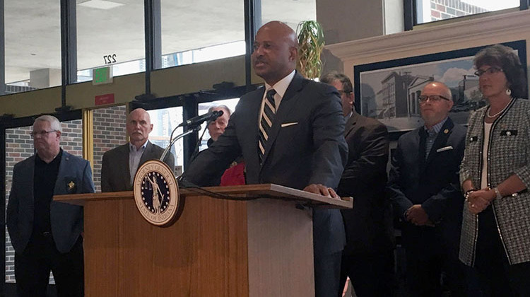 In this file photo, Indiana Attorney General Curtis Hill gives an update on the Ulrich Klopfer investigation at the County-City Building in South Bend on Oct. 3, 2019. - FILE PHOTO:  Jennifer Weingart/WVPE Public Radio