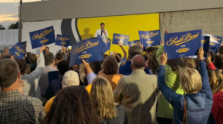Pete Buttigieg speaks to a crowd in South Bend gathered for the opening of his local presidential campaign office. - Annacaroline Caruso/WVPE News