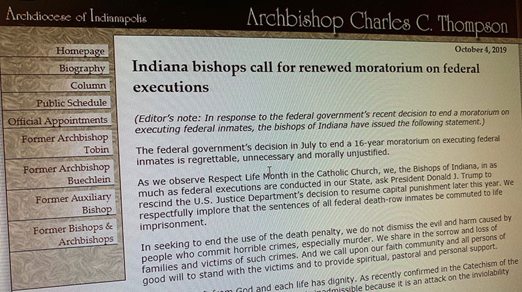 A photo of the Archdiocese of Indianapolis' website, shows the joint statement from the bishops of Indianapolis, Fort Wayne-South Bend, Lafayette-in-Indiana and Evansville and the administrator of the Diocese of Gary. - WFYI