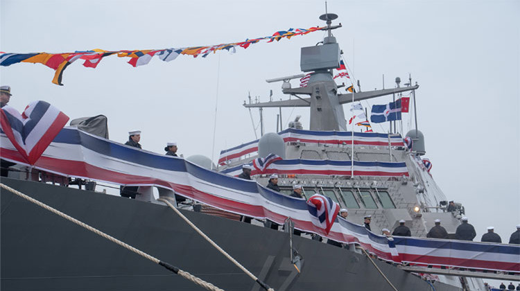 The crew of the Navy's newest littoral combat ship, USS Indianapolis, brings the ship to life during its commissioning ceremony.  - U.S. Navy photo by Mass Communication Specialist 3rd Class Timothy Haggerty/Released