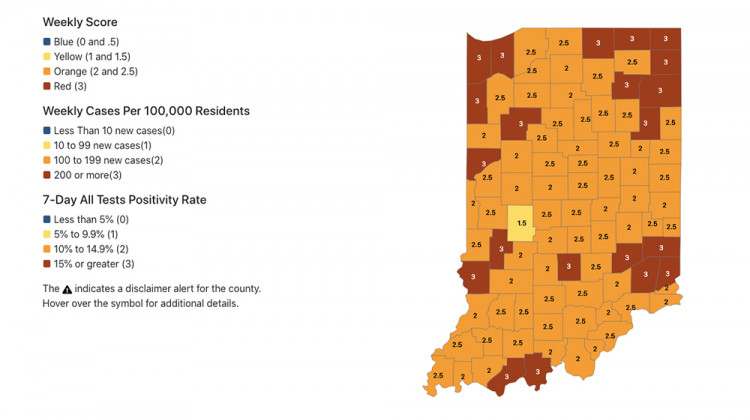 A screenshot of the Indiana State Deaprtment of Health's COVID-19 dashboard shows the coronavirus risk in Indiana counties. - Indiana State Department of Health