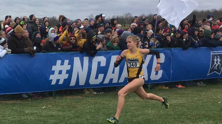 Missouriâ€™s Karissa Schweizer wins the womenâ€™s individual title in the NCAA cross country championships on Nov. 19 in Terre Haute, Ind. (Alex Ashlock/Here & Now)