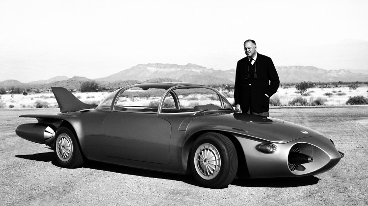 Harley Earl with the Firebird II concept car in 1956.