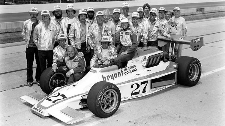 Janet Guthrie with her team after qualifying for the 1977 Indianapolis 500.  - IMS