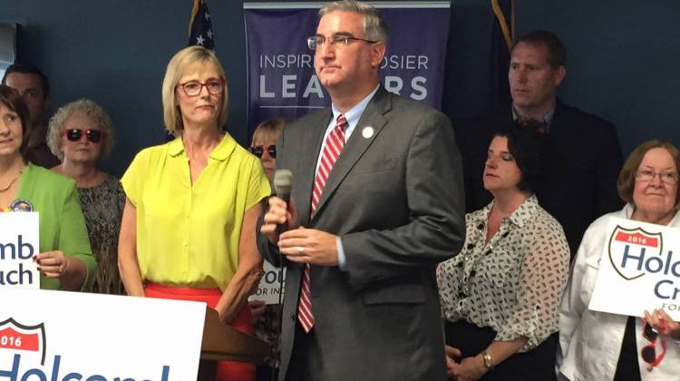 The Indiana GOPâ€™s gubernatorial ticket -- Eric Holcomb and running mate State Auditor Suzanne Crouch at an Indianapolis news conference on Aug. 1, 2016. - Brandon J. Smith / Indiana Public Broadcasting