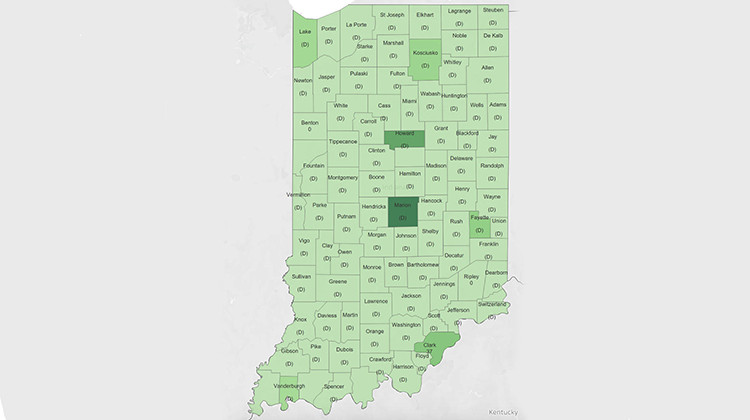 A data visualization shows the number of unemployment insurance initial claims by county.  - Hoosiers By The Numbers