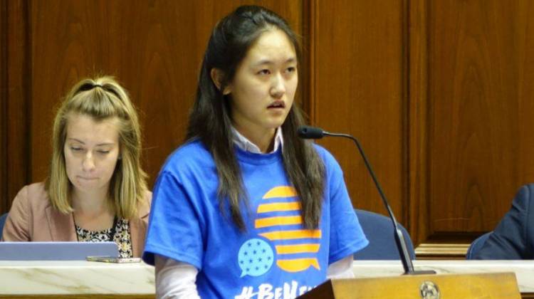 Selena Qian, a Carmel High School senior and publication editor, asks the Indiana House Education Committee to support a bill protecting student journalists from censorship on Tuesday, Feb. 14, 2017. -  Eric Weddle/Indiana Public Media