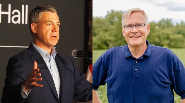 Dueling U.S. Senate candidates U.S. Rep. Jim Banks, left, and John Rust. - Banks via Leslie Bonilla Muñiz/Indiana Capital Chronicle, Rust via candidate’s X account