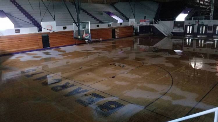 Last November, part of the Muncie Fieldhouse facade was toppled during a sever thunderstorm, ripping a hole in the roof and rupturing water pipes. The water damaged the hardwood basketball court. - Provided by Muncie Community Schools, file
