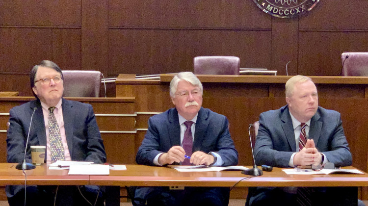 Former Indiana Chief Justice Randall Shepard, former Attorney General Greg Zoeller and Indiana Bar Foundation executive director Chuck Dunlap at the unveiling of the 2019 Indiana Civic Health Index. - Brandon Smith/IPB News