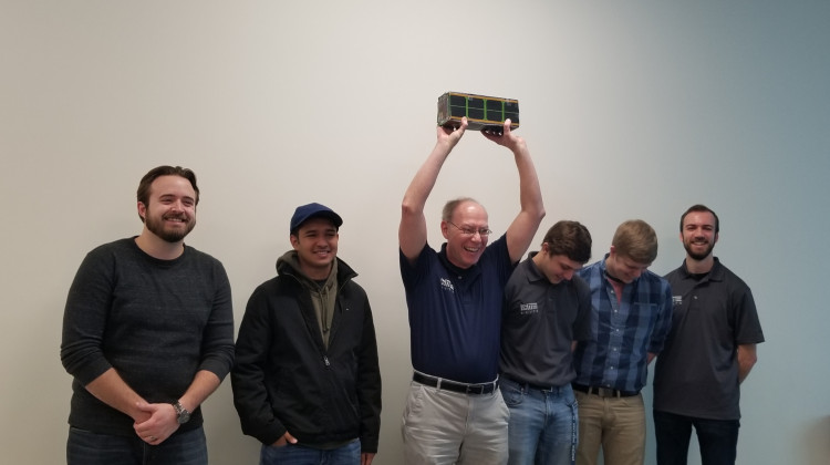 The UNITE CubeSat team poses for a photo after a successful deployment. L to R: Nathan Kalsch, Sujan Kaphle, Glen Kissel, Wyatt Helms, Ryan Loehrlein, and Zack Snyder. - Isaiah Seibert/WNIN