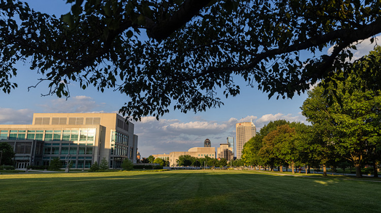 The view from Wood Fountain towards the Indianapolis skyline at IUPUI on Wednesday, June 16, 2021.  - Liz Kaye/Indiana University
