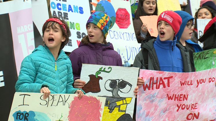 Kids at a youth climate march at the Indiana Statehouse in March.   - FILE PHOTO: Steve Burns/WTIU