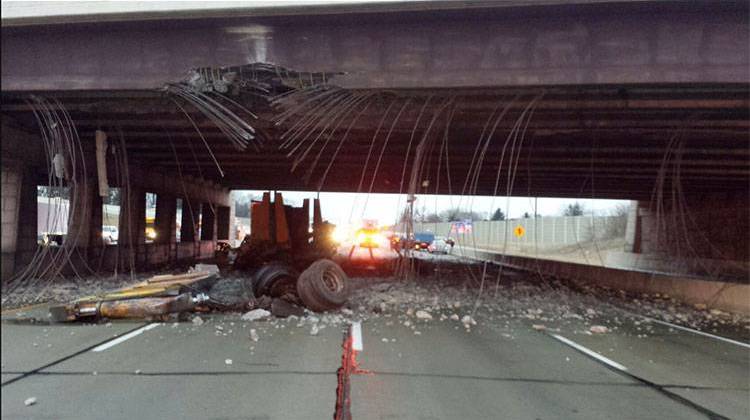 A large truck struck the U.S. 36 bridge over I-465 on the west side Tuesday morning. - Indiana State Police via Twitter