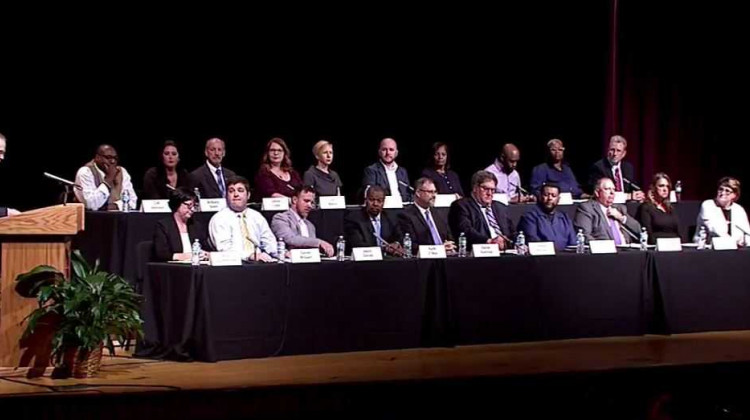 Candidates for the MCS appointed board shared the high school auditorium stage Tuesday night. - WIPB-TV