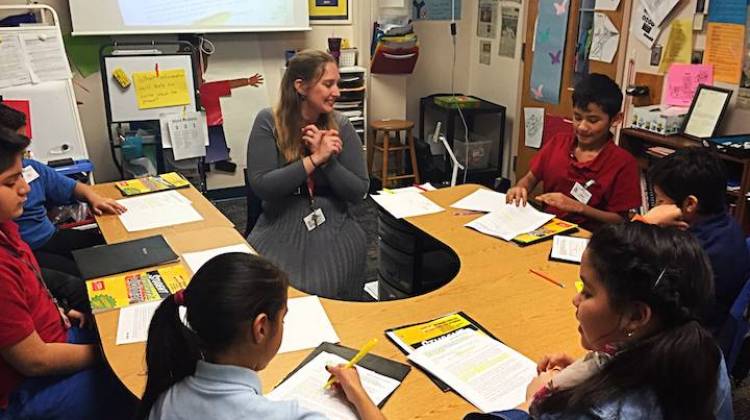 Melissa Mitchell teaches an English lesson to a group of fifth graders at West Goshen Elementary School. 51 percent of students in the Goshen Community School Corporation are Latino, and a quarter of students need English language services at school. - Claire McInerny/Indiana Public Broadcasting