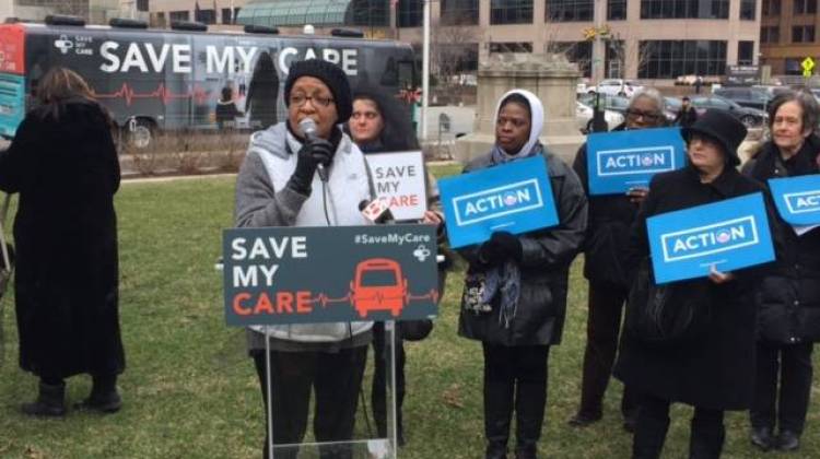 The rally at the Indiana Statehouse was part of a national â€œsave my careâ€ bus tour sponsored by proponents of the Affordable Care Act. - Jill Sheridan/IPB