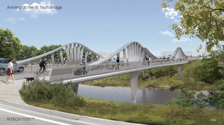 The bridge spanning Indianapolis’ Fall Creek at West Street and Riley Hospital Drive will connect 16 Tech Innovation District to the city’s research and medical corridor and downtown. - 16 Tech bridge rendering