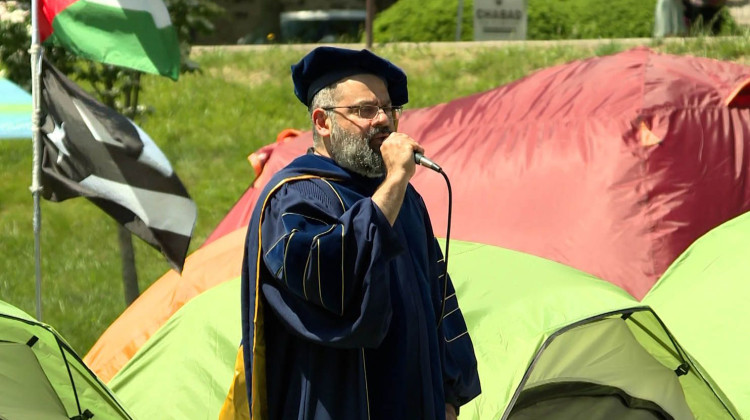 Indiana University professor Abdulkader Sinno speaks in Dunn Meadow Saturday, May 5, 2024 during what was billed as an alternative commencement for graduating students.  -  Devan Ridgway / WTIU