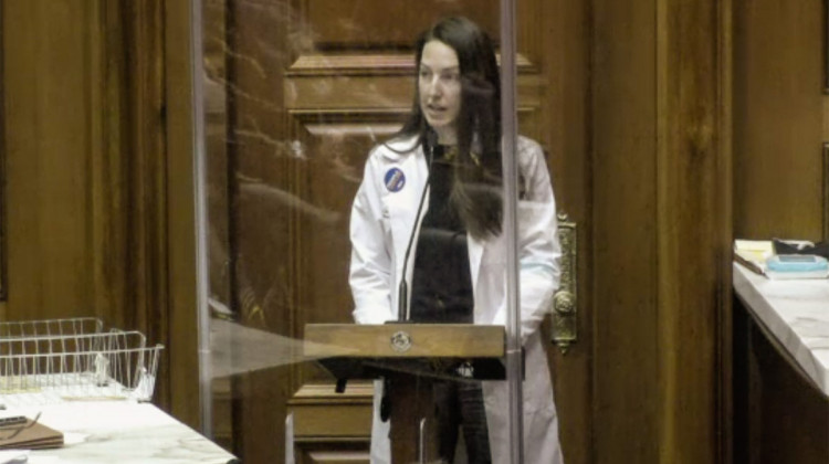 Dr. Caitlin Bernard, an OB-GYN at IU Health in Indianapolis, testified at a House Committee hearing regarding medication-induced abortions in February 2021. - Brandon Smith/IPB News