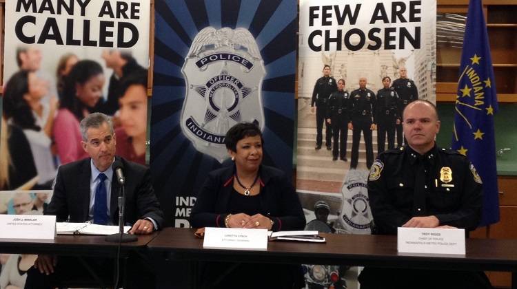 U.S. Attorney General Loretta Lynch, center, met with police recruits, officers and community members during a visit to Indianapolis Wednesday, April 13, 2016. On her left is U.S. Attorney Josh Minkler. On her right, Indianapolis Chief of Police Troy Riggs. - WFYI photo by Michelle Johnson