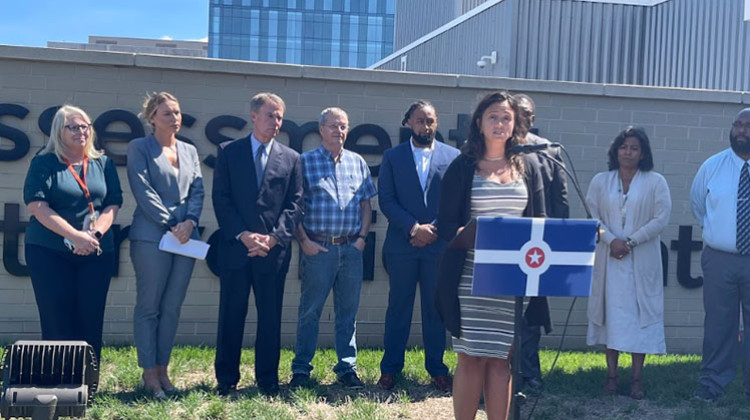 Director of the Office of Public Health and Safety Lauren Rodriguez announces the budget proposal at the Assessment and Intervention Center.  - Sydney Dauphinais/WFYI