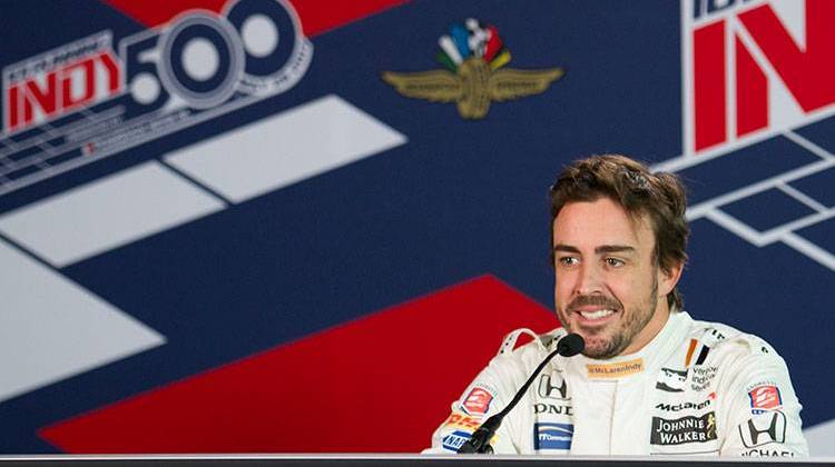 Fernando Alonso speaks with the media following his test session at the Indianapolis Motor Speedway Wednesday, May 3. - Doug Jaggers/WFYI