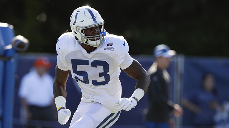 FILE - In this July 31, 2019, file photo, Indianapolis Colts outside linebacker Darius Leonard (53) runs a drill during practice at the NFL team's football training camp in Westfield. - AP Photo/Michael Conroy, File