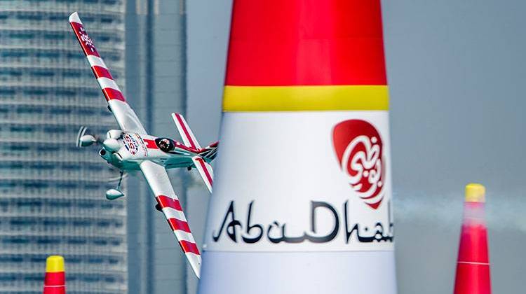 Paul Bonhomme of Britain performs during the finals of the first stage of the Red Bull Air Race World Championship in Abu Dhabi, United Arab Emirates, Saturday, Feb. 14, 2015. - AP Photo/Andreas Langreiter via Global-Newsroom