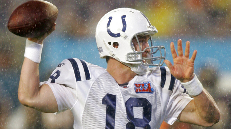 Indianapolis Colts quarterback Peyton Manning (18) throws during the Super Bowl XLI football game against the Chicago Bears at Dolphin Stadium in Miami, Sunday, Feb. 4, 2007.  - AP Photo/Michael Conroy