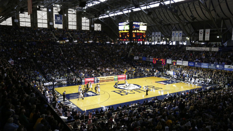 FILE - Hinkle Fieldhouse is shown in the second half of an NCAA college basketball game between Butler and Marquette in Indianapolis, in this Jan. 18, 2014, file photo. Hinkle Fieldhouse is one of six venues hosting NCAA Tournament games later this week. - AP Photo/Michael Conroy, File