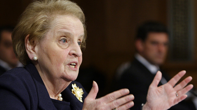 FILE - Former Secretary of State Madeleine Albright testifies on Capitol Hill in Washington, on Oct. 22, 2009 before the Senate Foreign Relations Committee hearing on NATO. Albright has died of cancer, her family said Wednesday, March 23, 2022. - AP Photo/Haraz N. Ghanbari, File
