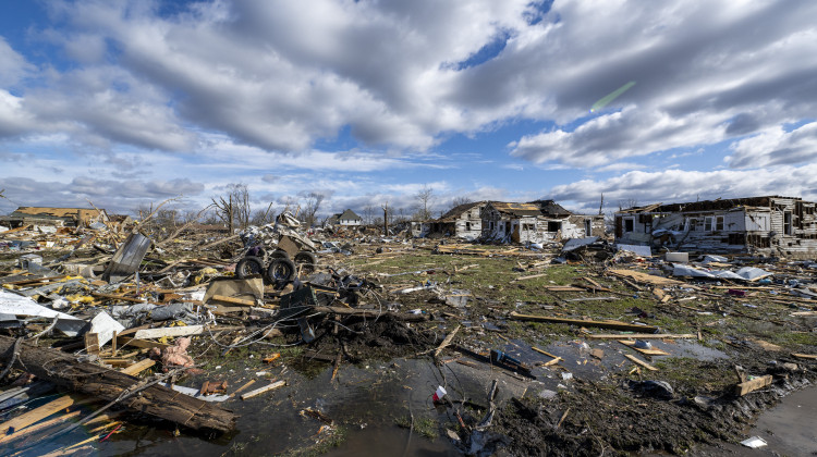 Damage from a late-night tornado is seen in Sullivan, Ind., Saturday, April 1, 2023. Multiple deaths were reported in the area following the storm.  - AP Photo/Doug McSchooler