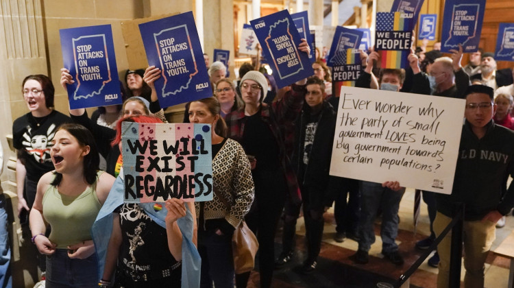Protesters stand outside of the Senate chamber at the Indiana Statehouse, Feb. 22, 2023, in Indianapolis. - AP File Photo/Darron Cummings