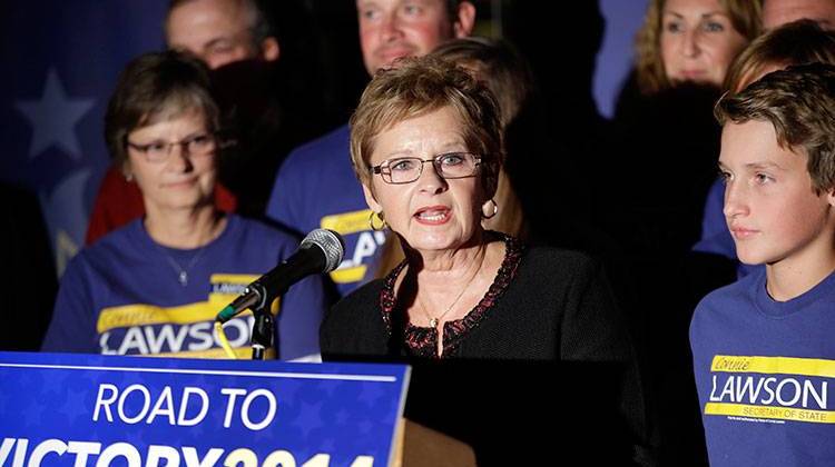 Republican Connie Lawson addresses supporters at an election viewing event, Tuesday, Nov. 4, 2014, in Indianapolis. Lawson held back Democrat Beth White to win her first four-year term as secretary of state. - AP Photo/AJ Mast