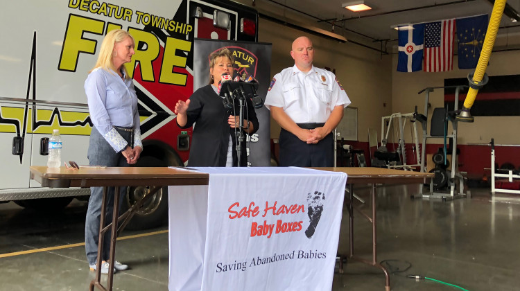 Monica Kelsey, founder of Safe Haven Baby Boxes, speaks at Decatur Township Fire Department. The station will become Indiana's third Baby Box location, though the installation has been delayed by a week or two. - Sarah Panfil/WFYI