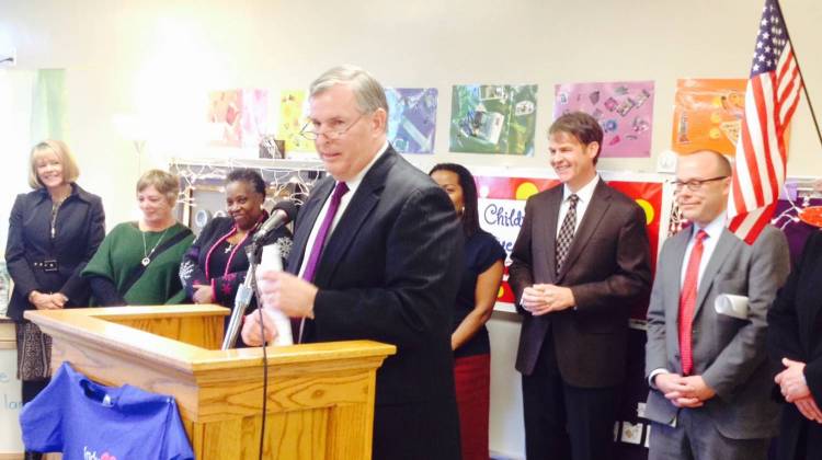 Indianapolis Mayor Greg Ballard speaks at the Warren Early Childhood Center on Thursday, Dec. 11 before signing an ordinance to create a city preschool program. - Eric Weddle/WFYI
