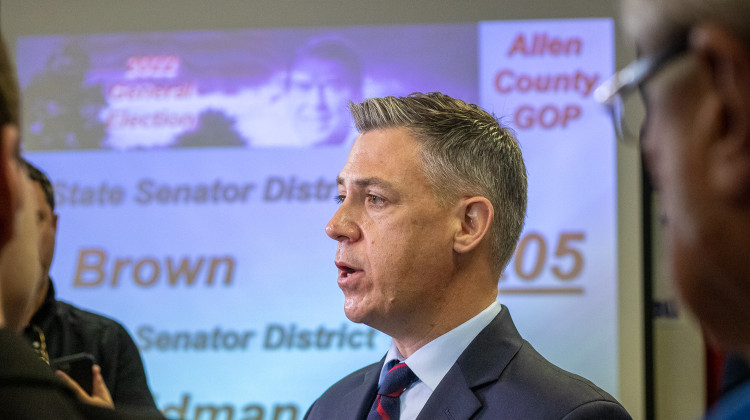 Rep. Jim Banks speaks to reporters at Allen County GOP Headquarters after the 3rd district race was called for him Tuesday night. - Brittany Smith / WBOI News