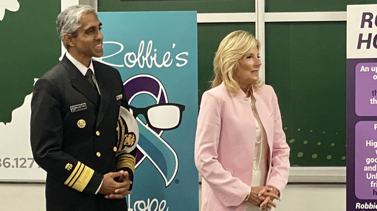 U.S. Surgeon General Vivek Murthy and First Lady Jill Biden visited Westfield High School on Wednesday, Aug. 30, 2023 to hear from students about how to address the national mental heath crisis among young people. - Dylan Peers McCoy / WFYI